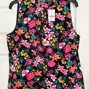 J. Crew Floral Sleeveless Blouse - Pink, Yellow, Green on Black